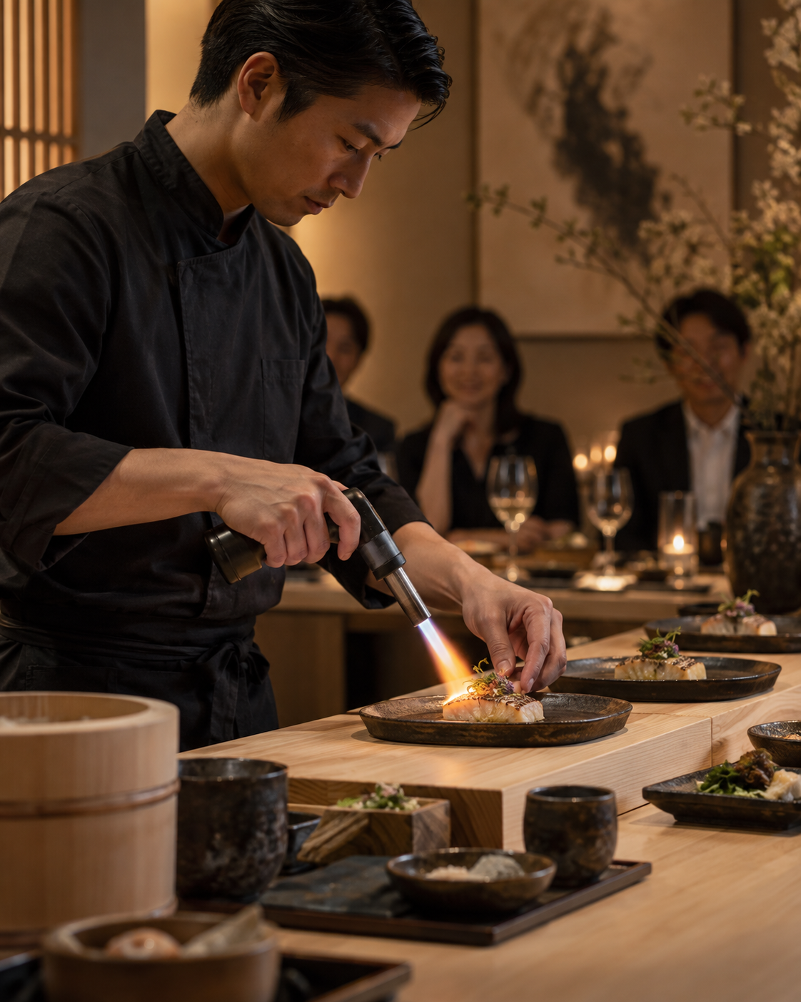 Chef completing a dish with a torch