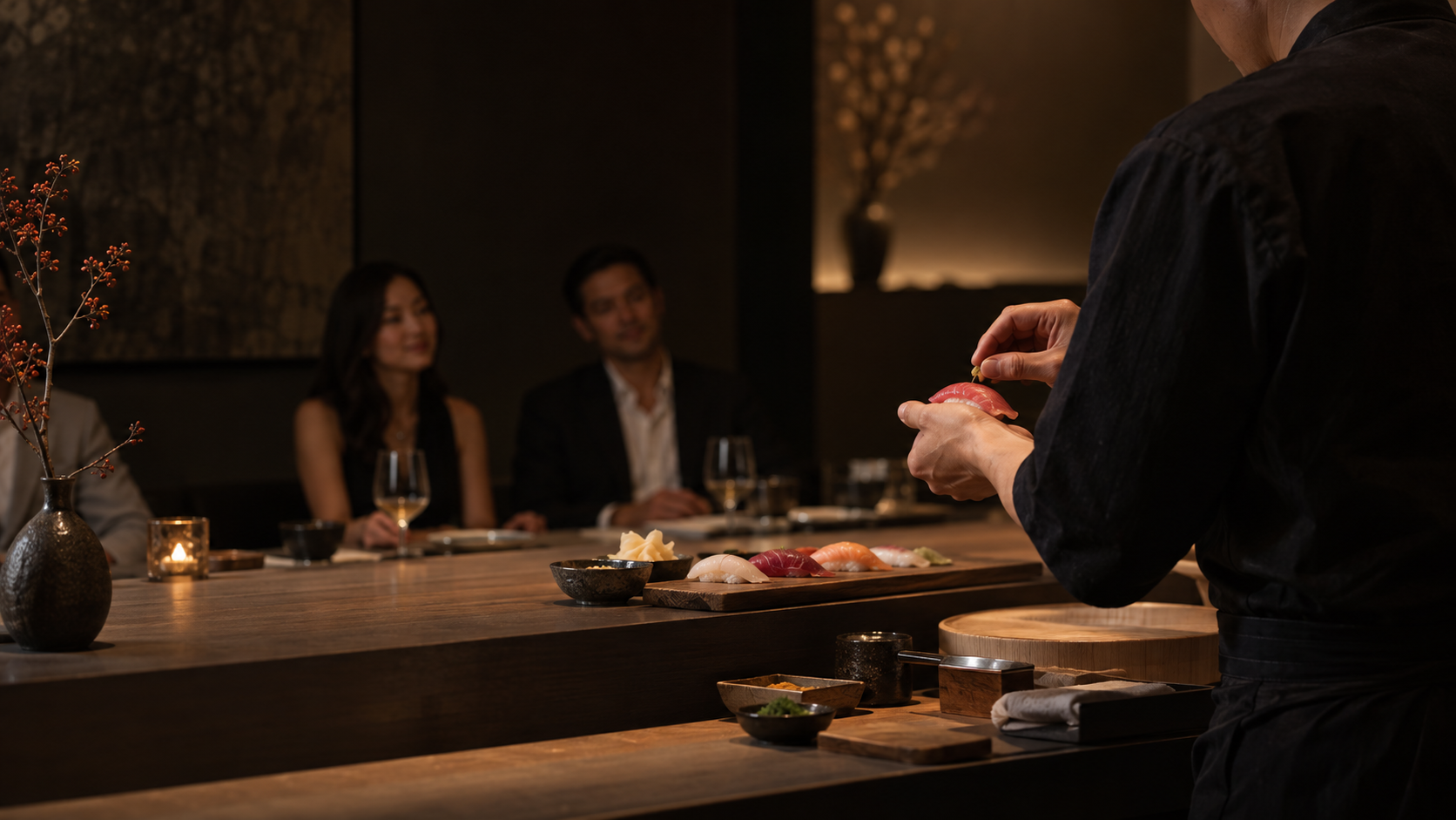 A private chef finishing sushi before guests