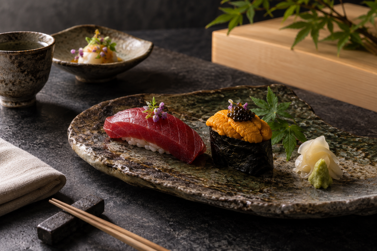 Seasonal tuna and uni sushi course